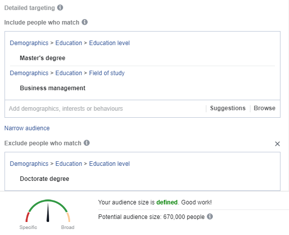 image of a Facebook Ads barometer showing that the audience is well-defined