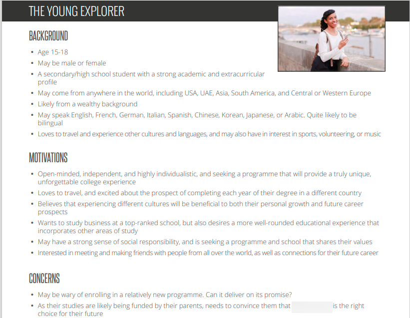 image of a persona profile for a school's content strategy to appeal to