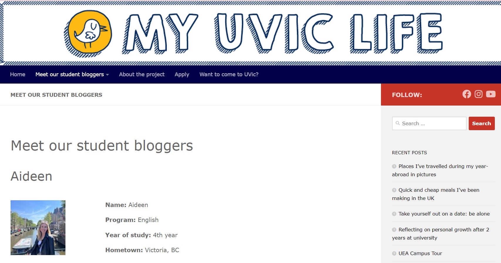 Student blogger tab on UVIC website